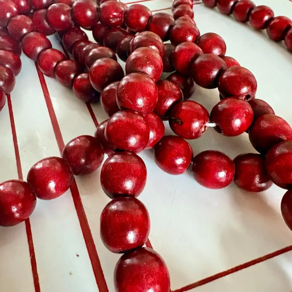 Vintage Bright Red Wooden Bead Garland 8.5 Ft Rustic Farmhouse Decor.